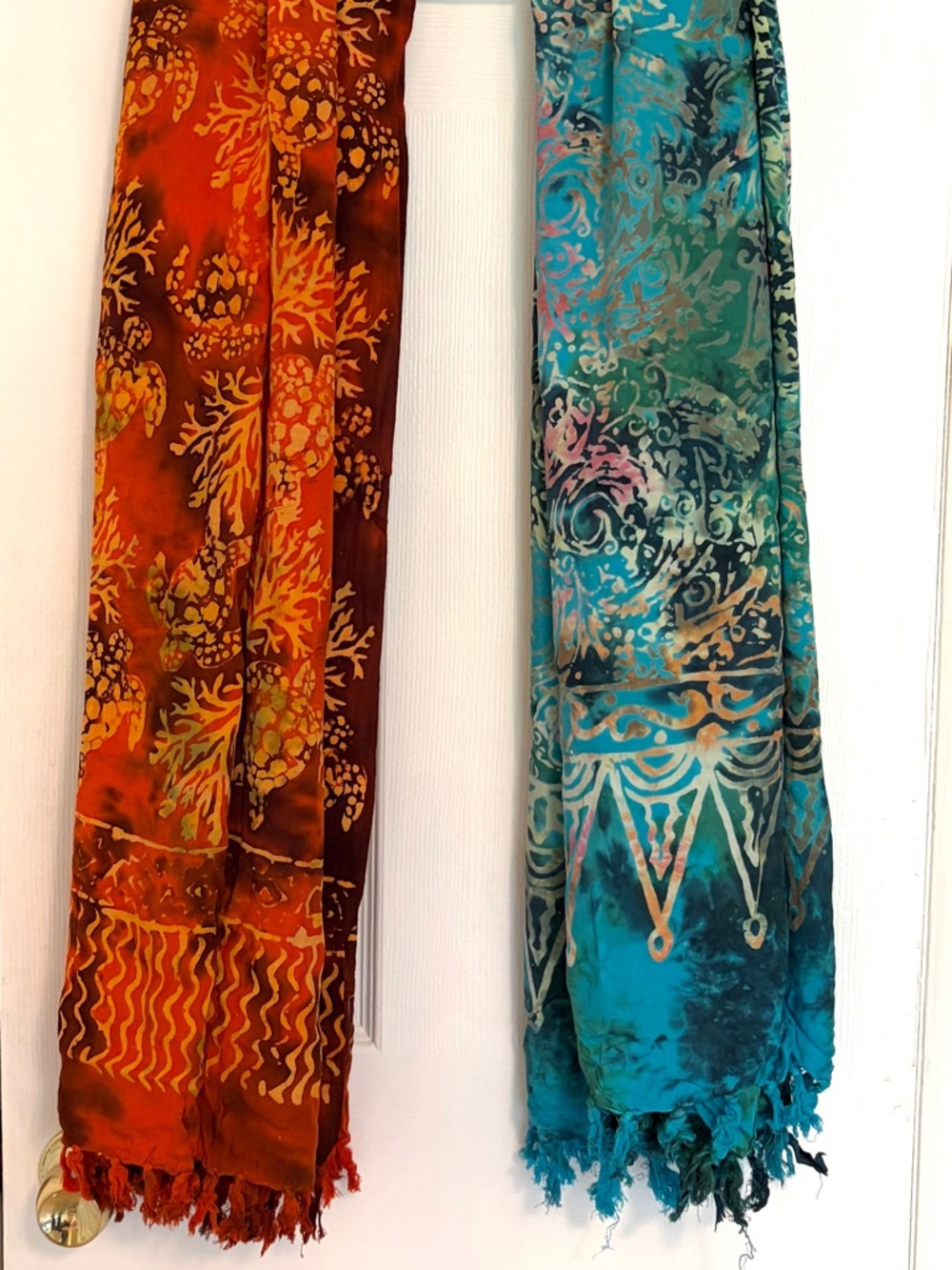Set of 2 Handcrafted Bali Turquoise and Orange Batik Sarongs